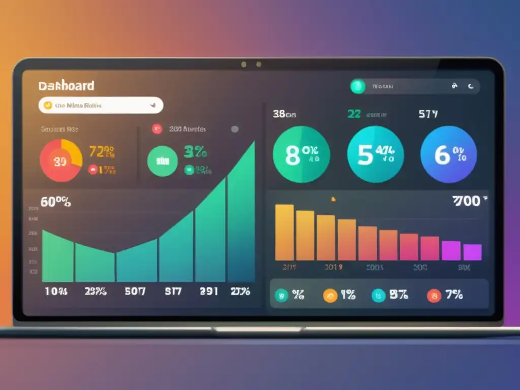 Panel de medición efectiva ROI en redes sociales, con gráficos modernos y limpios que muestran métricas de engagement, alcance y conversiones