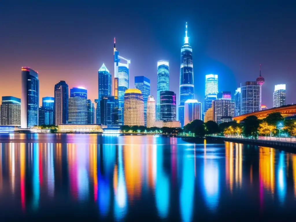 Panorámica de una ciudad brillante de noche con rascacielos modernos iluminados por luces vibrantes, reflejados en el río