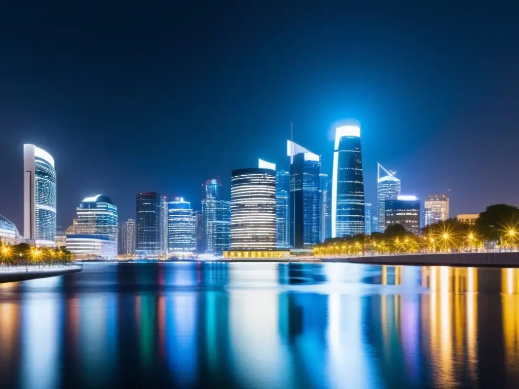 Panorámica nocturna de la ciudad con edificios gubernamentales modernos iluminados, reflejos en el río y luces LED futuristas