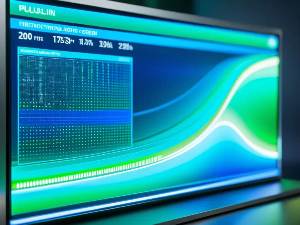 Una pantalla de computadora transparente muestra visualizaciones de datos en azul y verde, relacionados con aplicaciones de Big Data en Salud