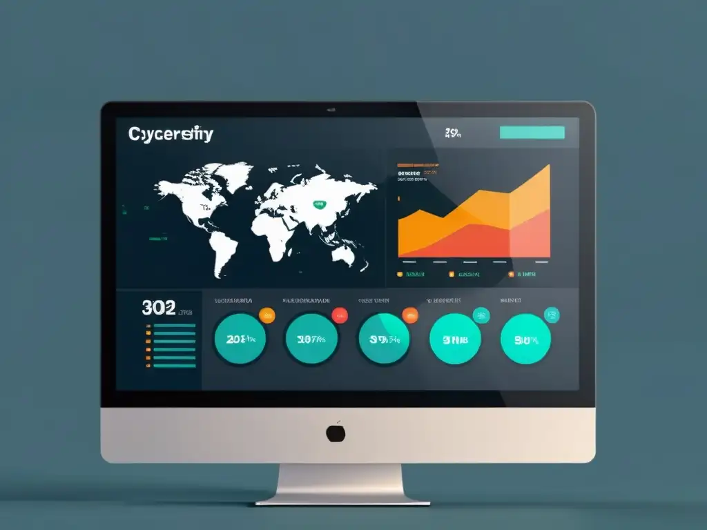 Una pantalla de ordenador muestra un sofisticado panel de ciberseguridad con visualizaciones de datos y alertas