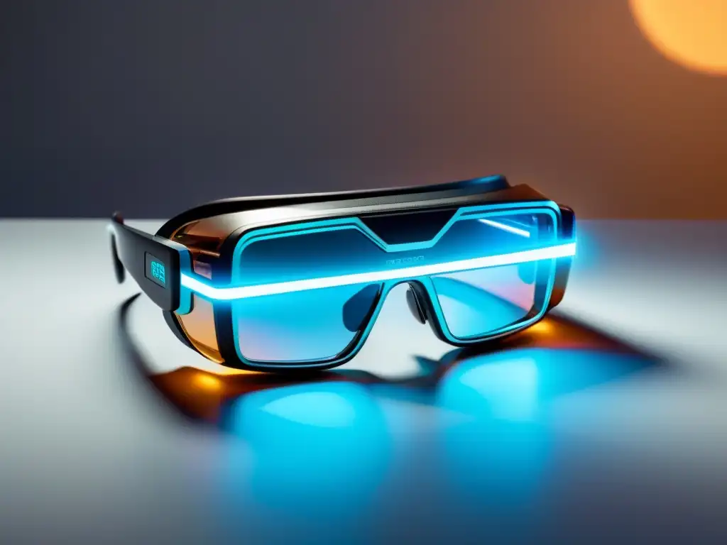 Un par de gafas futuristas de realidad aumentada descansan sobre una superficie blanca, con un suave brillo holográfico a través de las lentes