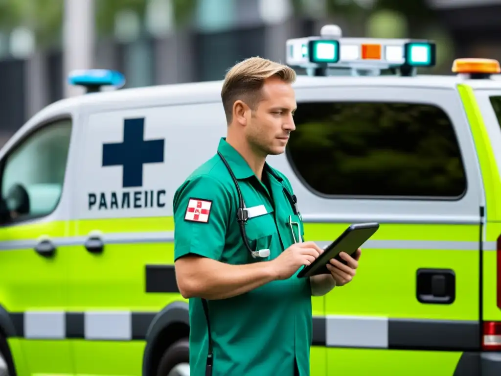 Un paramédico utiliza un dispositivo 5G en una ambulancia moderna, destacando el impacto del 5G en emergencias médicas