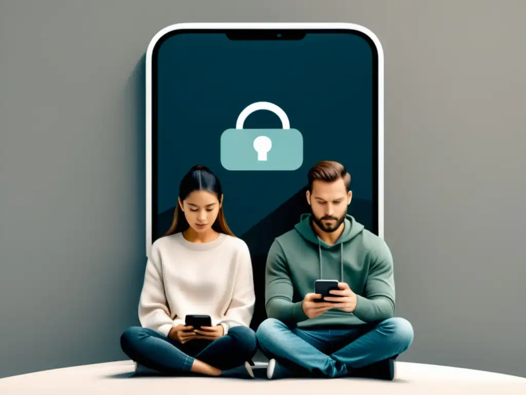 Una pareja se sienta junta, absorta en sus smartphones con un motivo de cerradura y llave digital, simbolizando la privacidad en relaciones