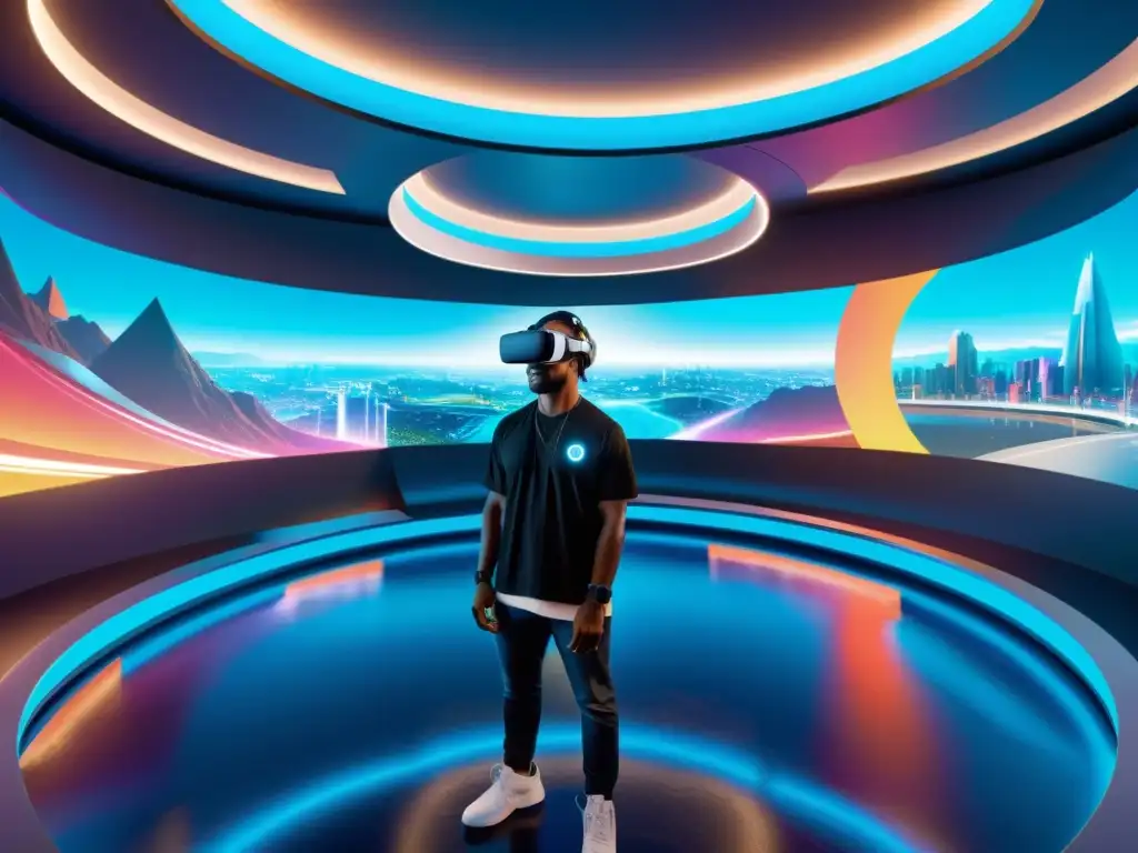 Parque de Realidad Virtual Futurista: Experiencia Inmersiva Vibrante Parque temático de realidad virtual futurista con arquitectura minimalista y paisajes vibrantes