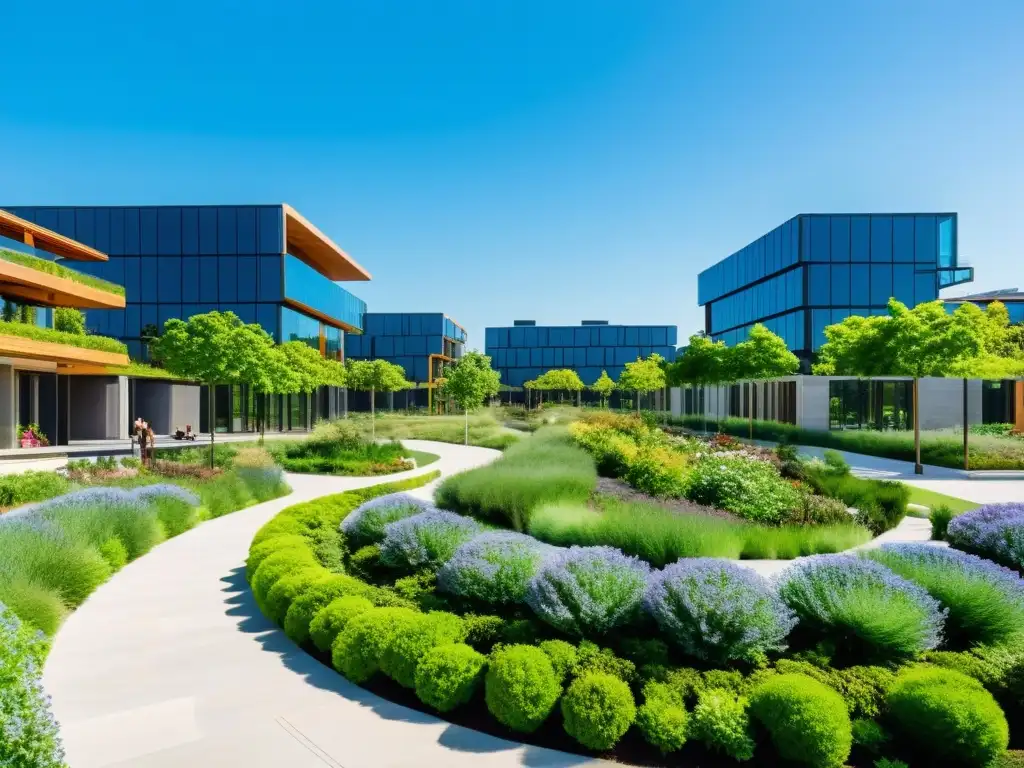 Un parque urbano verde exuberante con arquitectura sostenible y personas disfrutando al aire libre, bajo un cielo azul claro