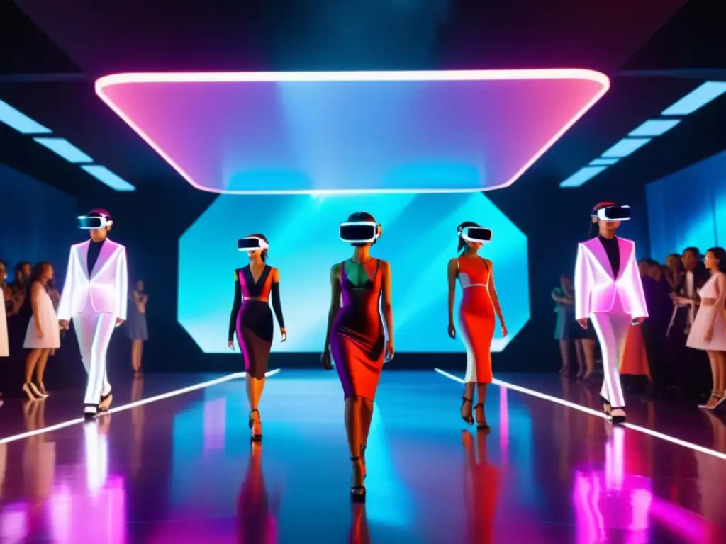Una pasarela futurista de moda en realidad virtual, con modelos y audiencia inmersos en una experiencia surrealista de prendas que cambian de color