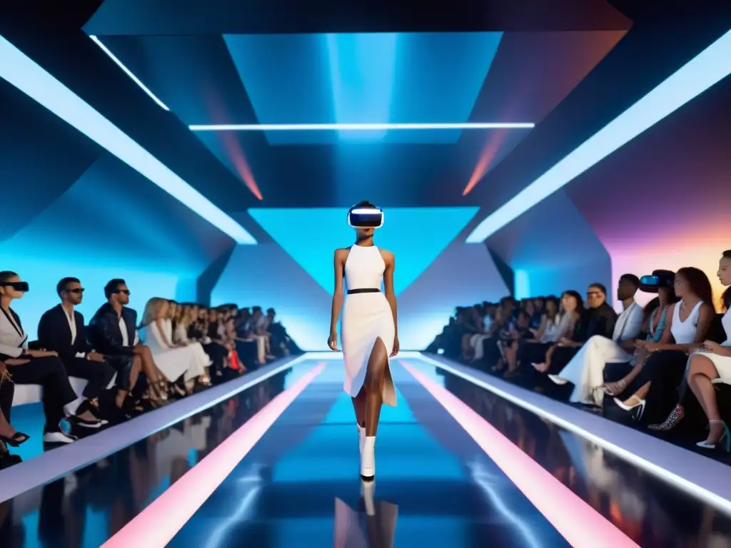 Una pasarela de moda futurista con elementos de realidad virtual integrados, mostrando una fusión perfecta de tecnología y moda