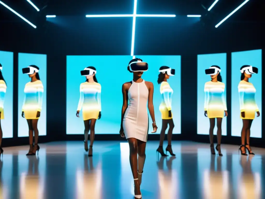 Una pasarela de moda en realidad virtual con modelos luciendo ropa de realidad aumentada, efectos holográficos y espectadores con auriculares de VR