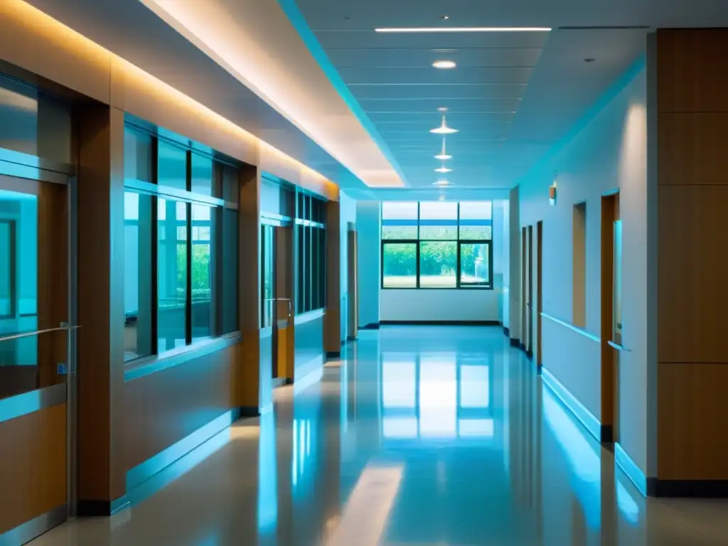 Un pasillo hospitalario moderno y sereno con luz natural, reflejando eficiencia y tecnología de análisis predictivo en hospitales