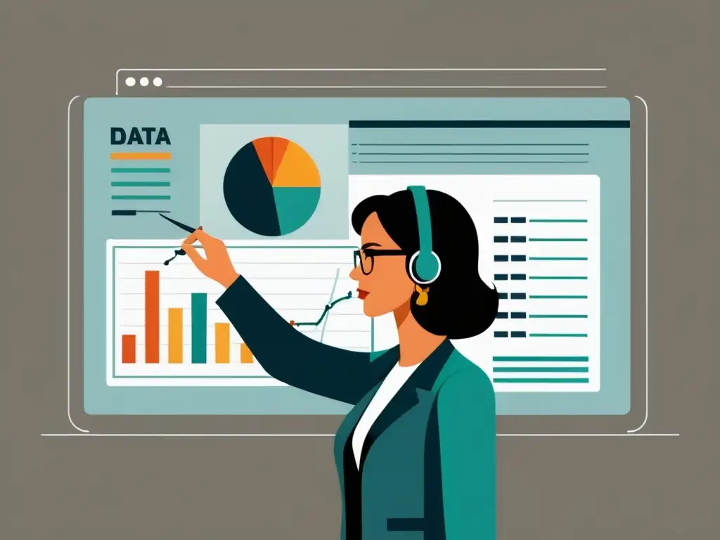 Un periodista selecciona y organiza datos en un gráfico, rodeado de consideraciones éticas y desafíos en la visualización de datos para el periodismo