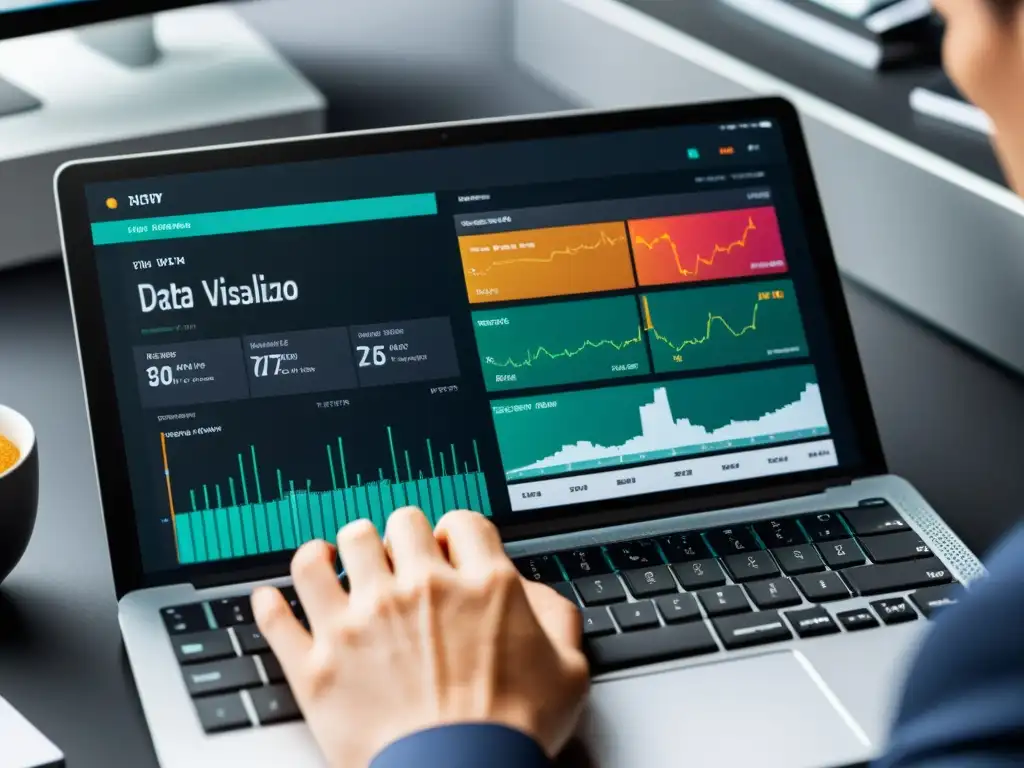 Un periodista utiliza una herramienta de visualización de datos en periodismo con una interfaz moderna y vibrante en tonos de azul y blanco