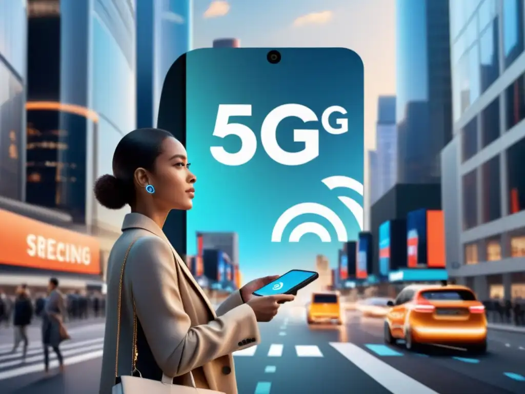 Periodista transmitiendo en vivo con tecnología 5G en la ciudad Un periodista transmite en tiempo real con 5G desde una concurrida calle de la ciudad, fusionando lo tradicional con lo futurista