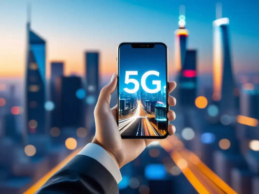 Periodismo 5G: Conectividad futurista en la ciudad Periodista reportando en tiempo real con 5G, rodeado de un paisaje futurista de alta tecnología
