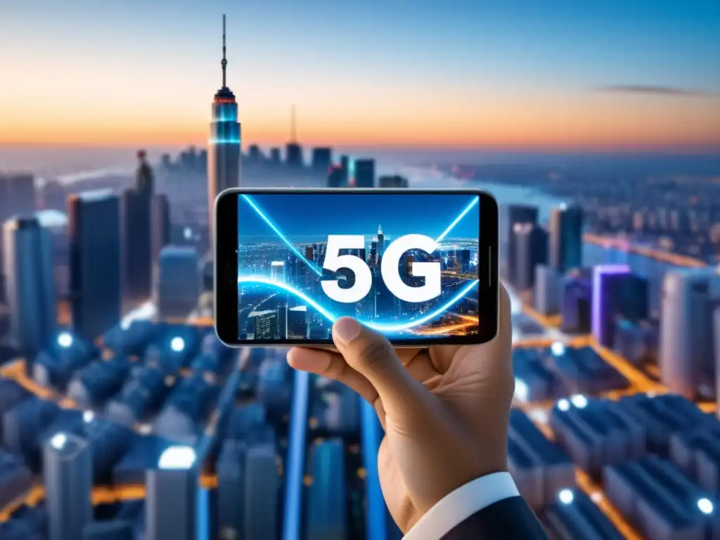 Periodismo móvil 5G: Información en tiempo real desde la ciudad futurista Un periodista reportando en tiempo real con 5G, rodeado de la futurista ciudad