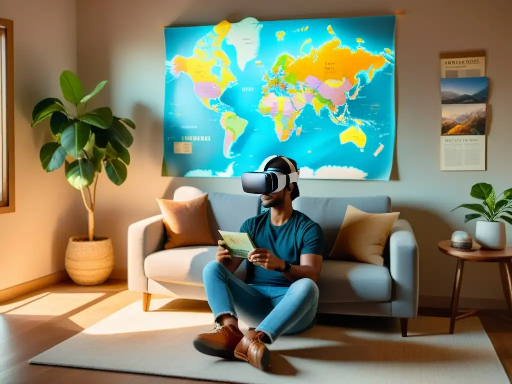 Persona usando VR en acogedora sala con libros de viaje y mapa, experimentando turismo virtual con realidad virtual, inspirando aventura y wanderlust