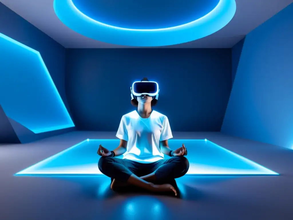 Persona en ambiente de realidad virtual para meditación guiada, rodeada de formas geométricas y luz azul calmante, irradia paz interior