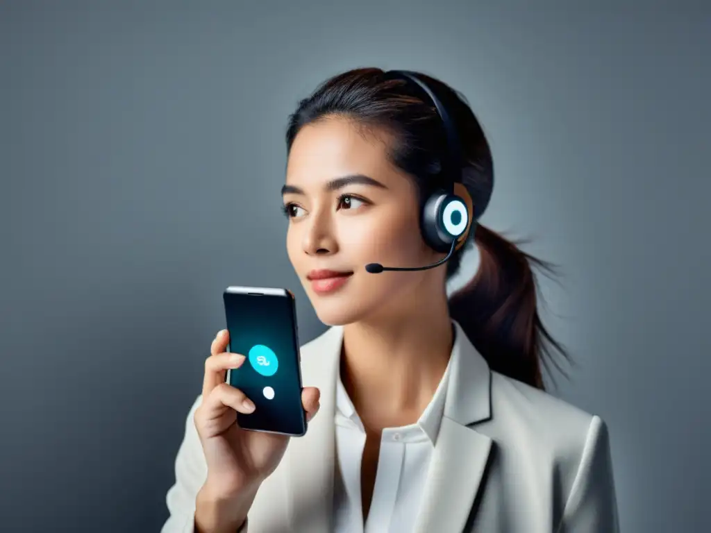 Persona usando un asistente digital por voz en un smartphone moderno, transmitiendo eficiencia y SEO conversacional para voice search