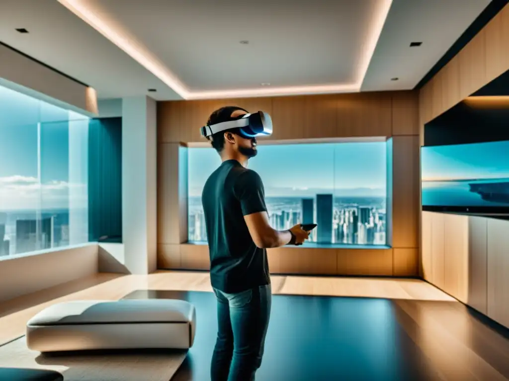 Persona asombrada usando auriculares de realidad virtual en una habitación moderna y minimalista, bañada por luz natural