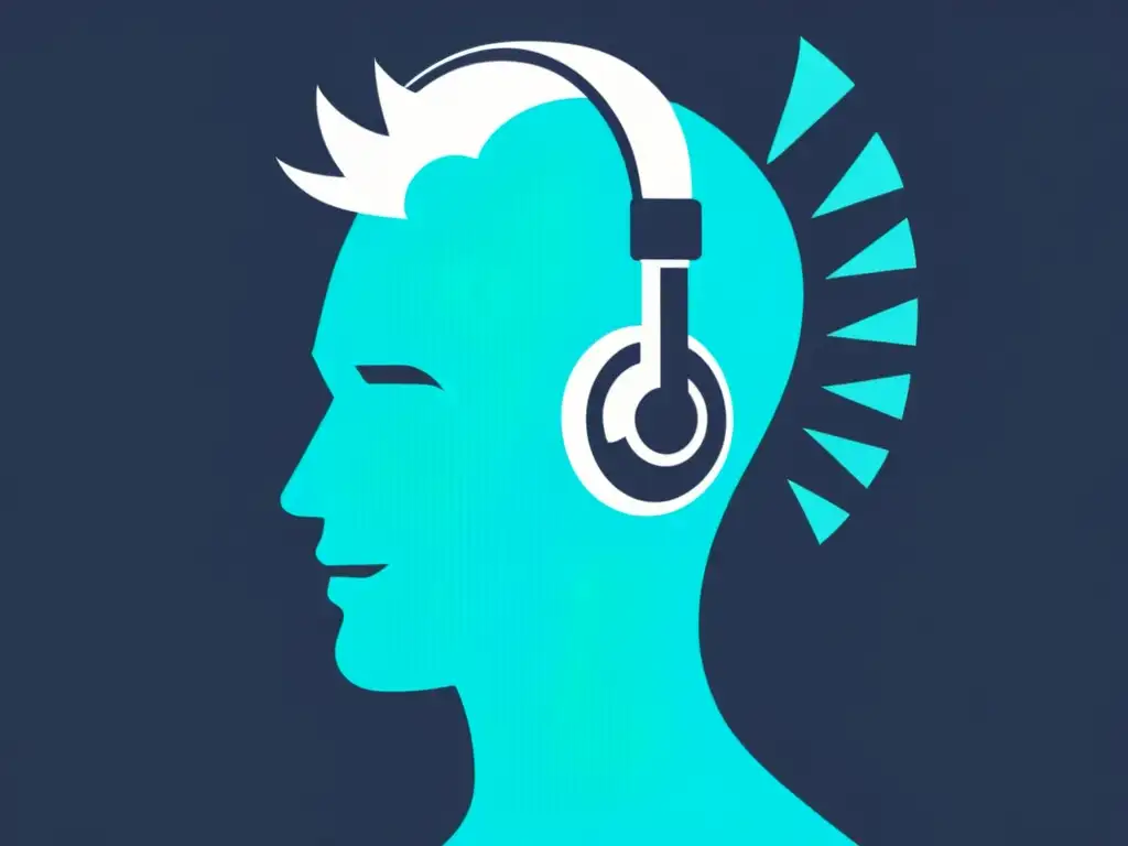 Podcast integrado: Voz, redes y minimalismo Persona con auriculares y micrófono, ondas de sonido formando íconos de redes sociales