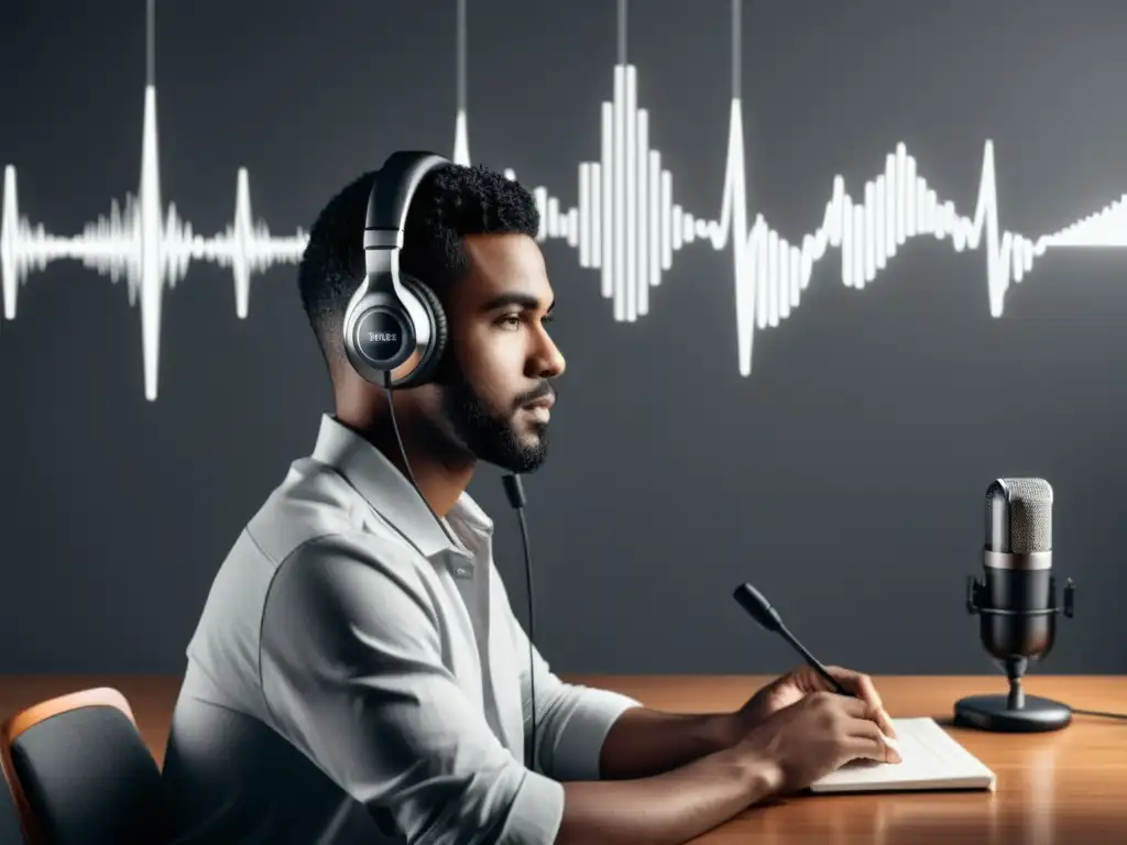 Podcast: Profunda conexión a través del sonido Persona con auriculares y micrófono, rodeada de equipo de podcast