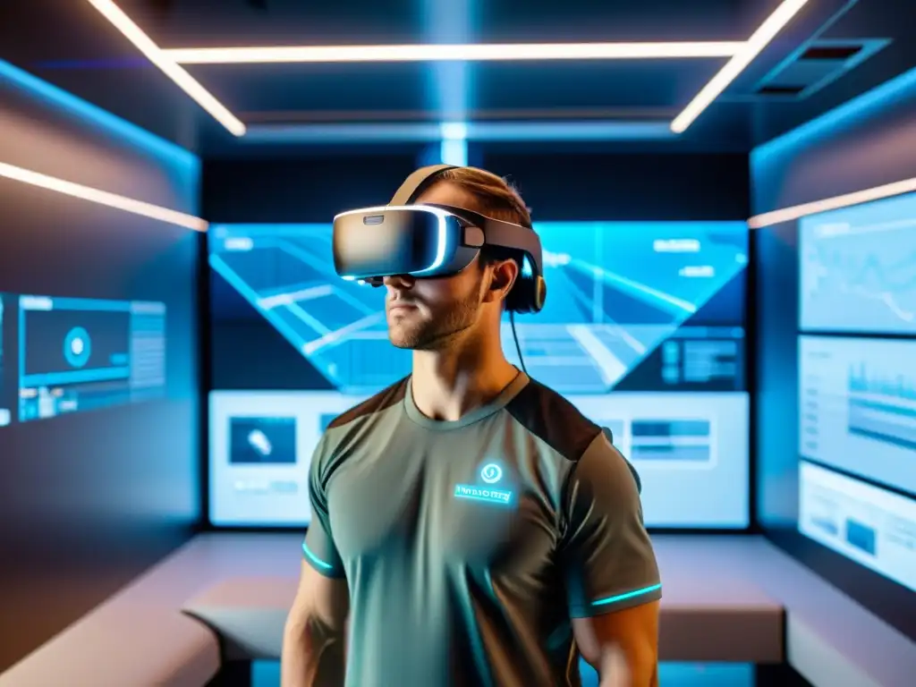 Persona con auriculares de realidad aumentada, inmersa en un ambiente futurista de entrenamiento técnico
