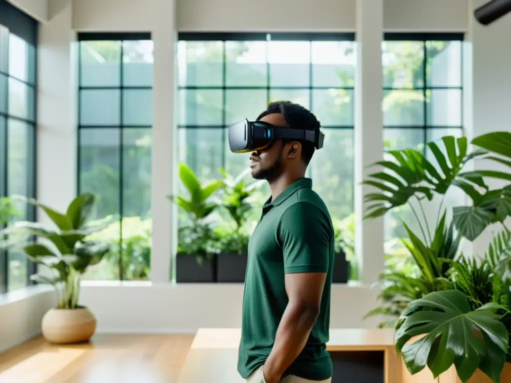 Persona con auriculares de realidad virtual en moderna oficina con plantas