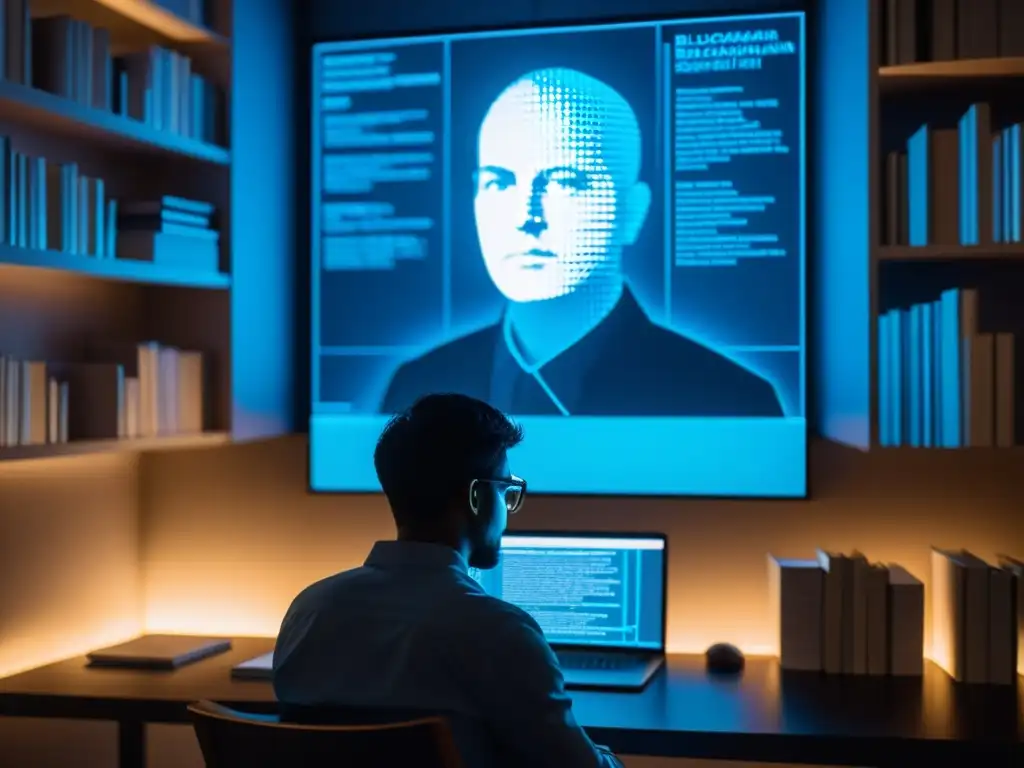 Estudio profundo: Luz azul blockchain Persona estudiando la compleja red de blockchain, iluminada por la pantalla, rodeada de libros y papeles
