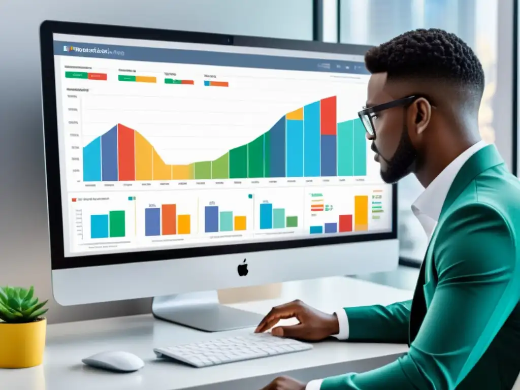 Persona analizando datos en pantalla moderna, gráficos coloridos