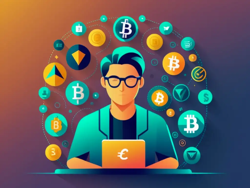 Interacción digital con criptomonedas Persona digital inmersa en criptomonedas, reflejando su influencia en el comportamiento del consumidor