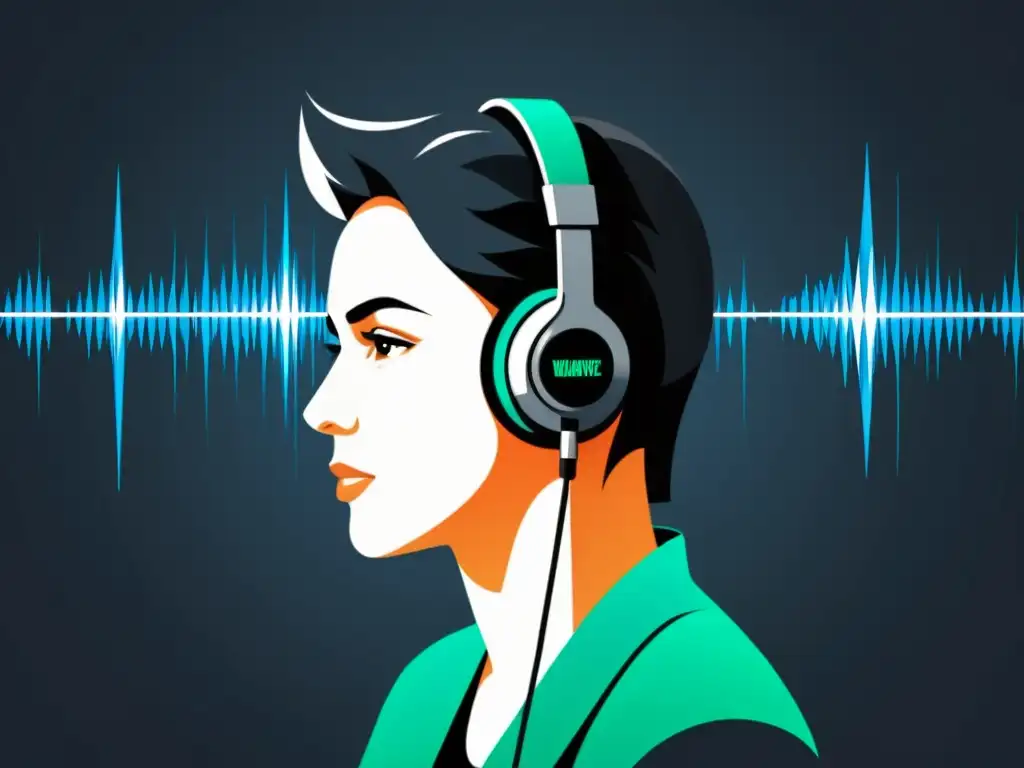 Persona enfocada con auriculares y micrófono, simbolizando el poder del audio en estrategias de marketing en podcasts