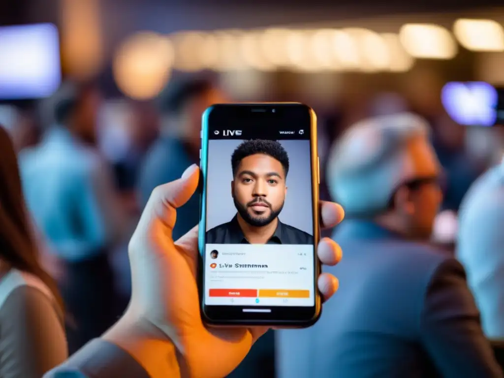 Persona enfocada usando smartphone para estrategias live streaming audiencia tiempo real, con determinación y confianza