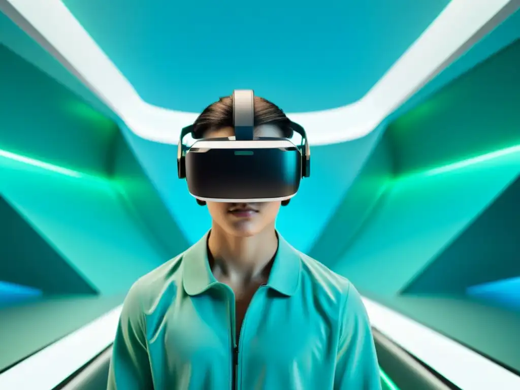 Persona en entorno futurista con auriculares de realidad virtual, expresando tranquilidad