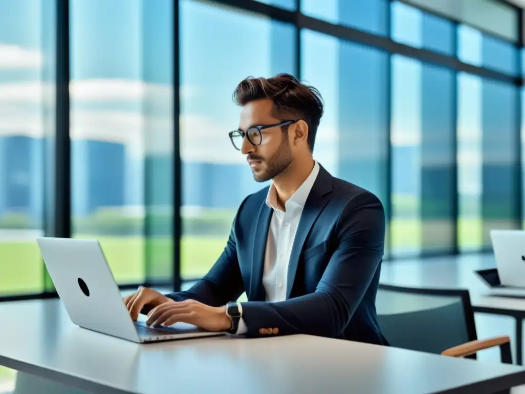 Persona trabajando en un entorno tecnológico futurista y profesional