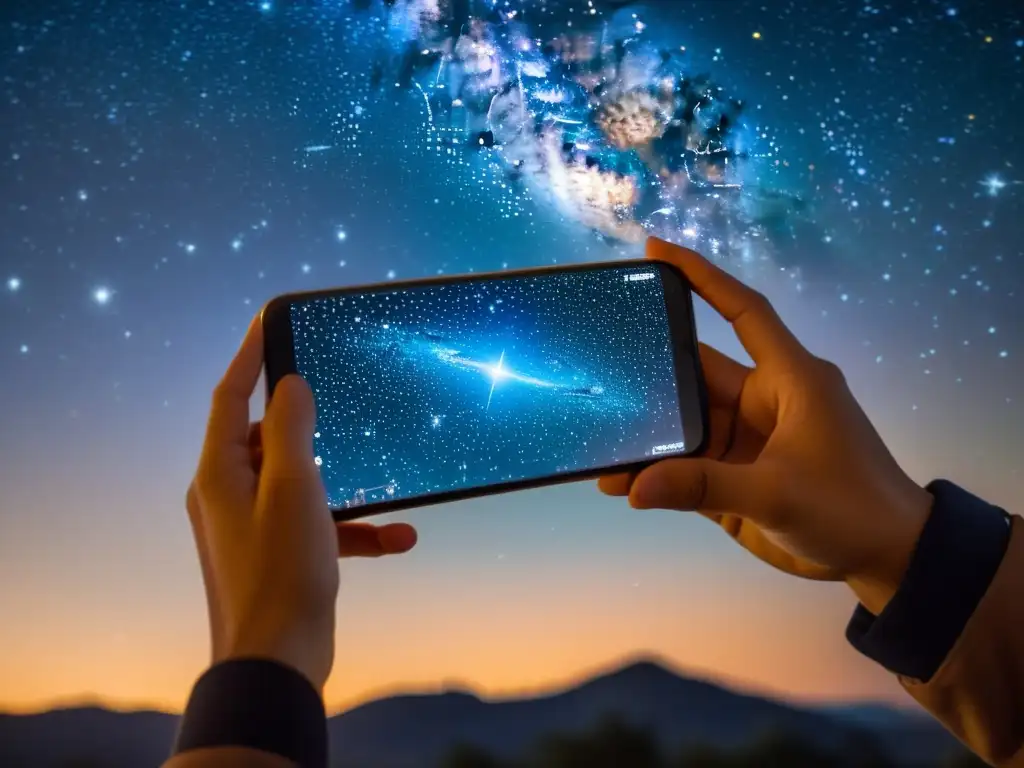 Persona señalando estrellas en el cielo nocturno a través de una app de Realidad Aumentada para astronomía aficionados