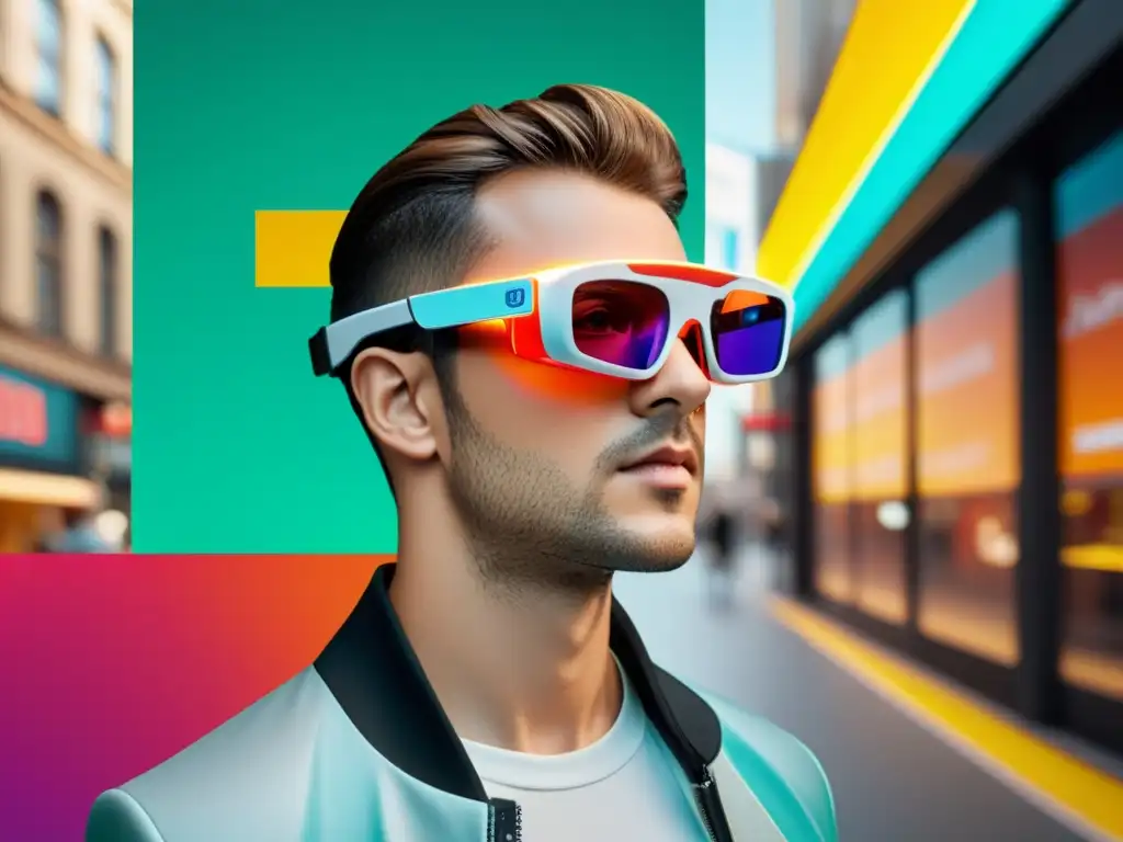 Persona usando gafas de AR, con anuncios virtuales integrados en el entorno real