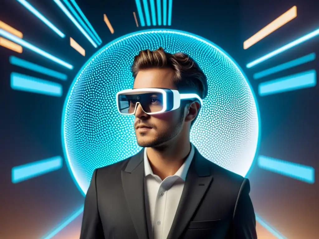 Persona con gafas de realidad aumentada en ambiente futurista con visualizaciones de datos