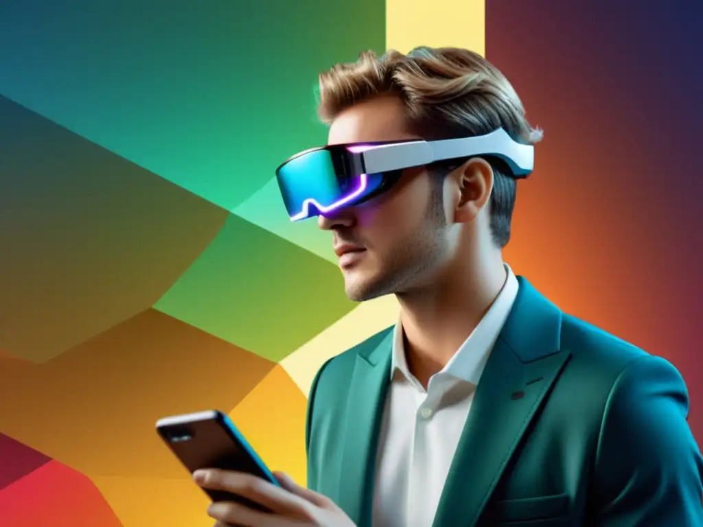 Persona usando gafas de realidad aumentada para evaluación de competencias, con interfaz digital integrada en entorno real