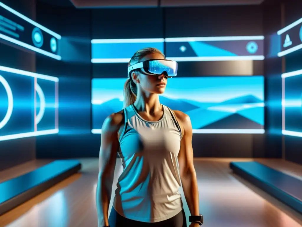 Persona usando gafas de realidad aumentada en gimnasio futurista con equipos holográficos