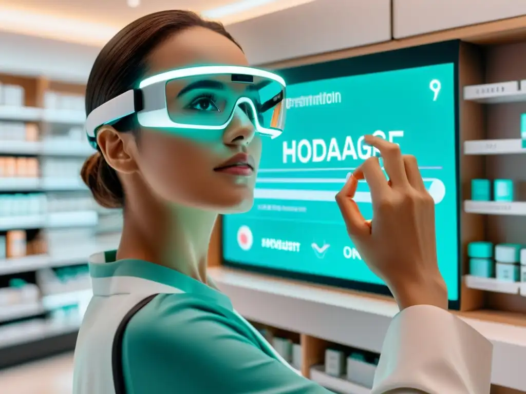 Una persona usa gafas de realidad aumentada en una farmacia moderna