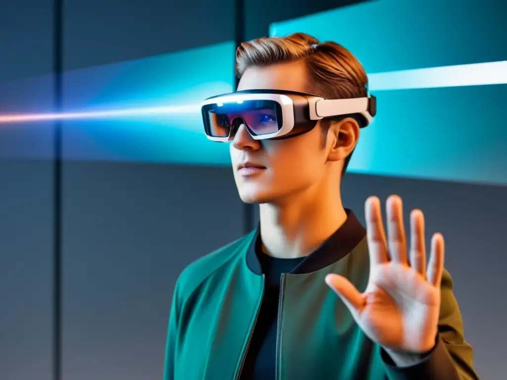 Persona usando gafas de realidad aumentada interactuando con interfaces intuitivas para RA en entorno futurista y profesional