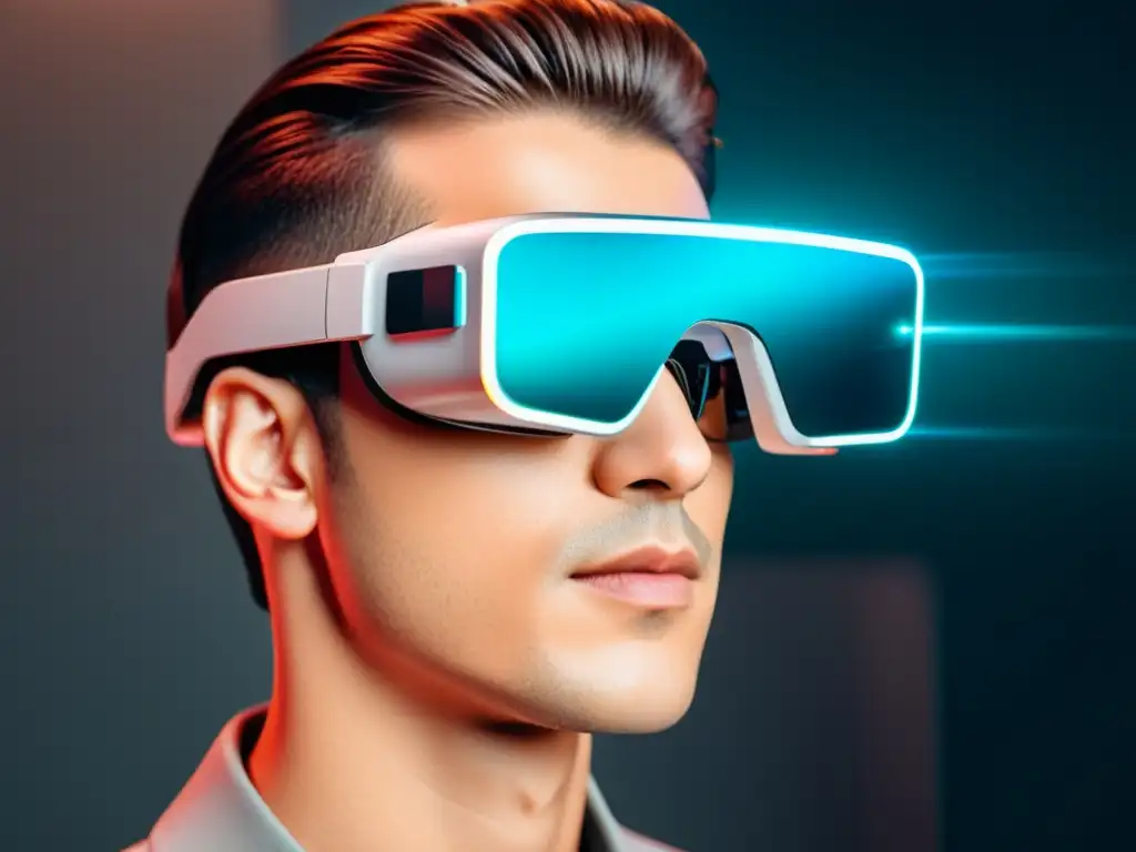 Persona usando gafas de realidad aumentada con hologramas futuristas, representando el rol de la RA en diseño interactivo