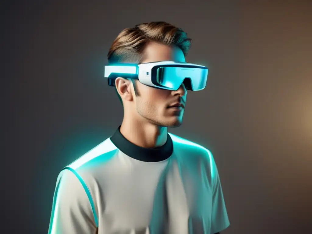 Persona usando gafas de realidad aumentada con publicidad holográfica