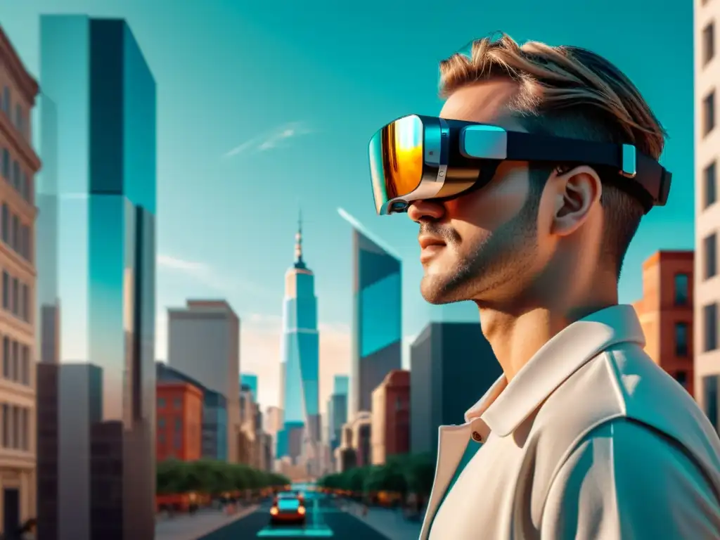 Persona con gafas de realidad aumentada interactuando con objetos virtuales en la ciudad futurista reflejada en las lentes