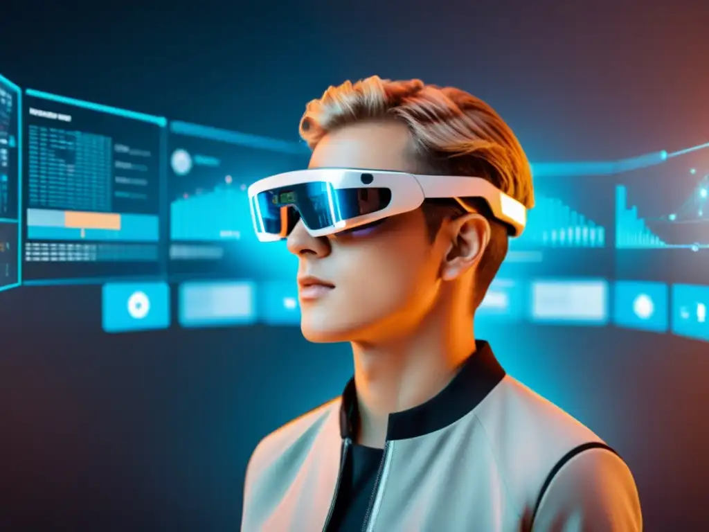 Persona usando gafas de realidad aumentada con interfaces futuristas