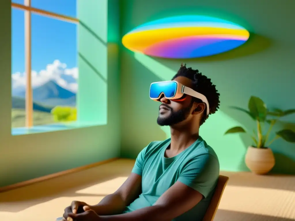 Persona usando gafas de realidad aumentada para alivio del dolor crónico en una habitación serena con escena natural y elementos interactivos flotantes, generando tranquilidad