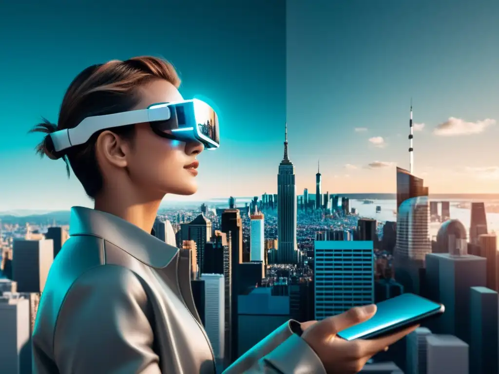 Persona usando gafas de realidad aumentada interactuando con datos virtuales en una ciudad futurista