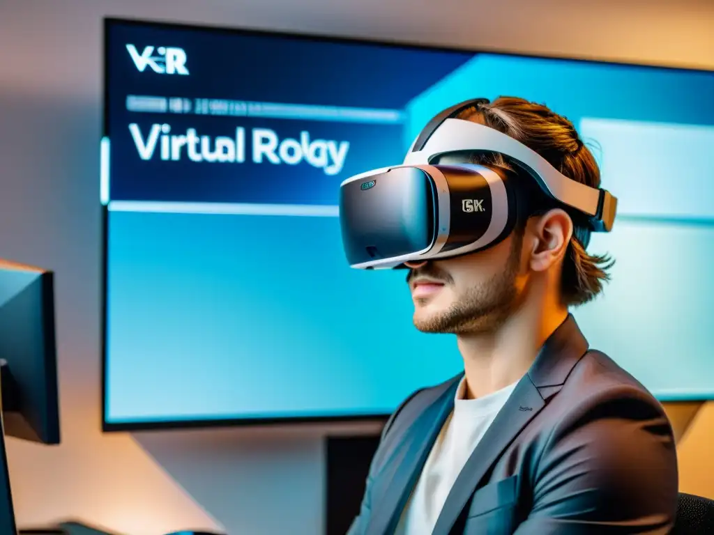 Persona usando gafas de realidad virtual en una oficina tecnológica moderna, reflejando el mundo de la mente del consumidor tech