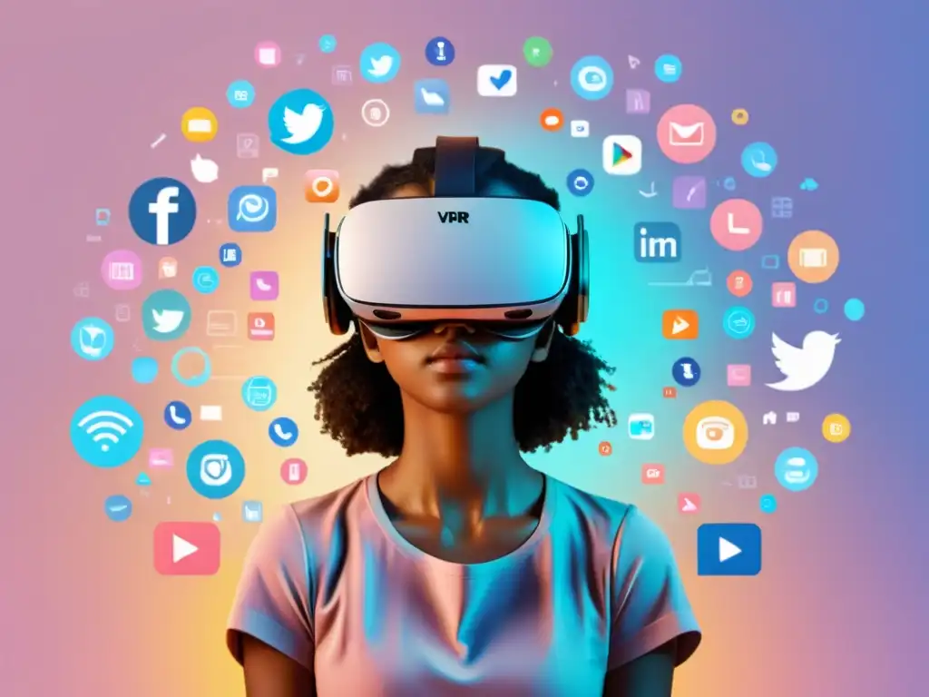 Persona con gafas de realidad virtual rodeada de iconos de redes sociales y símbolos educativos