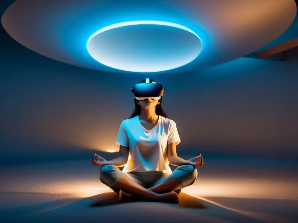 Persona en meditación guiada con realidad virtual para meditación guiada, rodeada de tecnología VR y una atmósfera tranquila y relajante